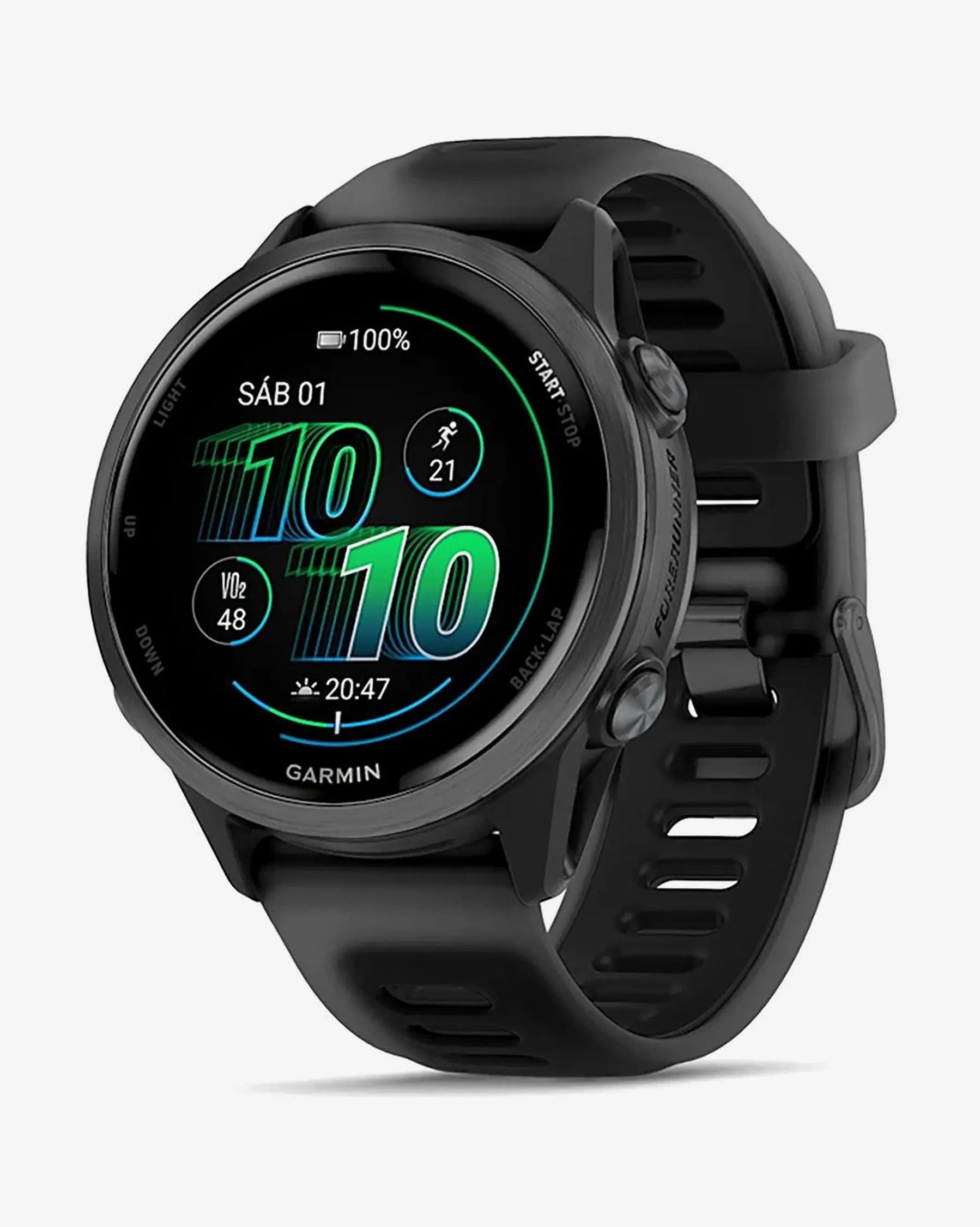 Die Garmin Forerunner 570 – 42 mm Dunkelgrau mit schwarzem Armband